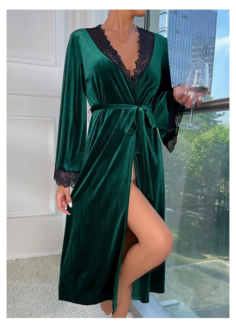 Sexy Lace Up Velour Long Robe Nightwear Women's Sleepwear Burgundy Kimono Bathrobe Gown Intimate Lingerie Autumn New Homewear 2026