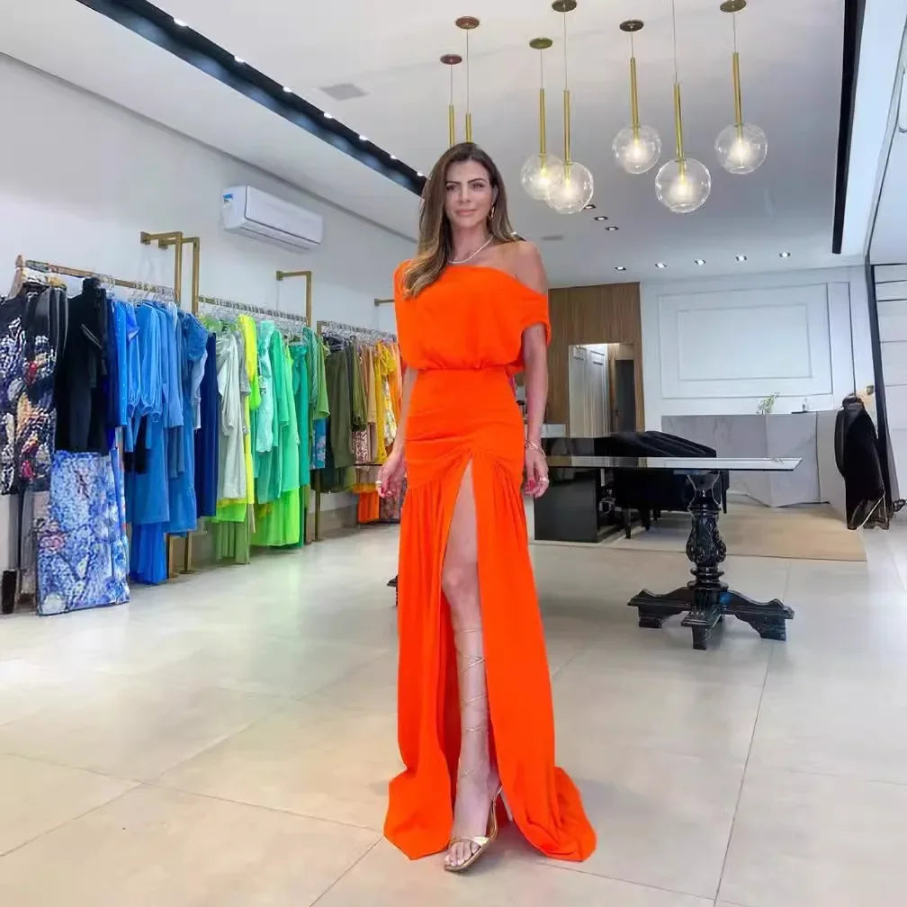 Women Straight Line Collar Dresses Short Sleeves Long Skirt Fashionable One Line Neck Split Floor Sweeping Holiday Sexy Dress 2026 Vestido Para Bodas Elegante Ocasion