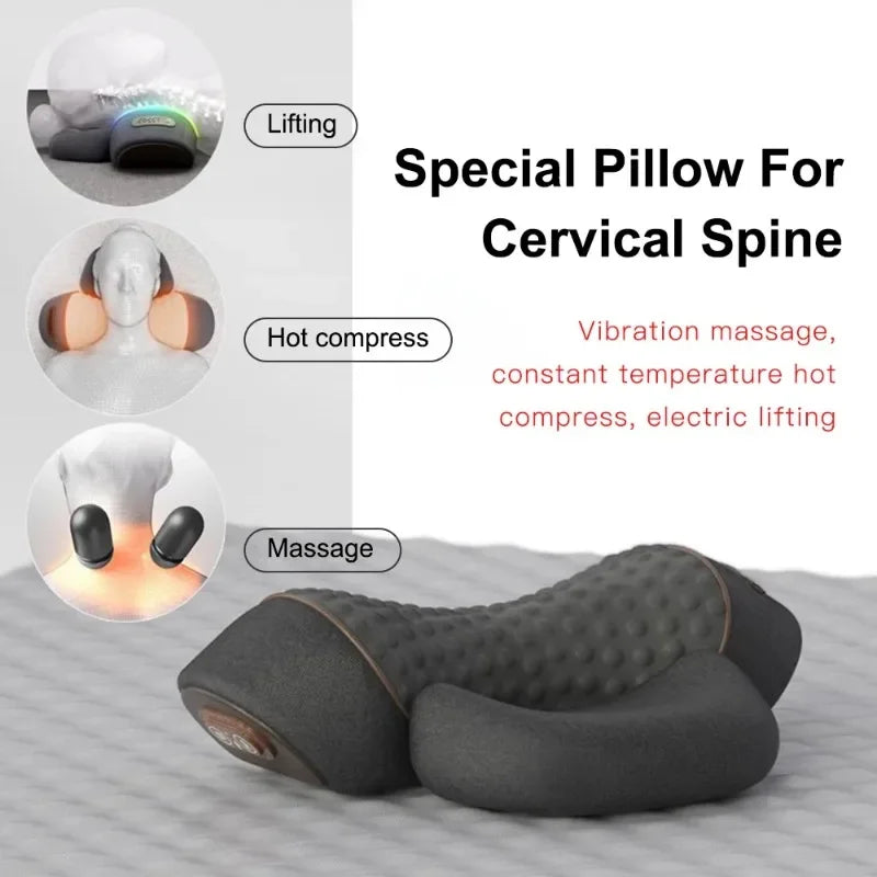 Cojín Masajeador de Cuello Eléctrico — Estirador Cervical con Calor, Vibración y Masaje, Tracción para la Espalda, Almohada Ortopédica para Dormir con Soporte