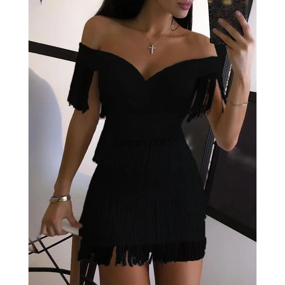 Women Evening Dresses Sexy Big V Neck One-shoulder Fringed Skirt Ladies Temperament Slim Dress Short Sleeve Club Dress Vestidos 2026 Casual Drew