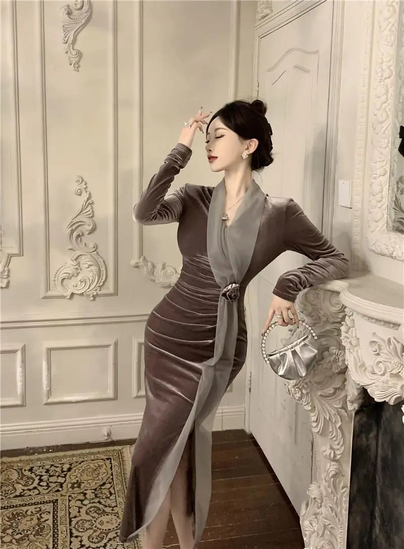 Women Vintage Velvet 3D Flower Ruched Sexy Split Elegant Party Dresses Y2K Winter V Neck Long Sleeve Bodycon Midi Dress Vestidos 2026