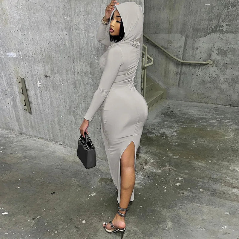 Hooded Long Dress For Women Y2k Clothes Sexy Streetwear Long Sleeve Bodycon Vestidos De Mujer Solid Robe Femme Été Back Split Diva 2026