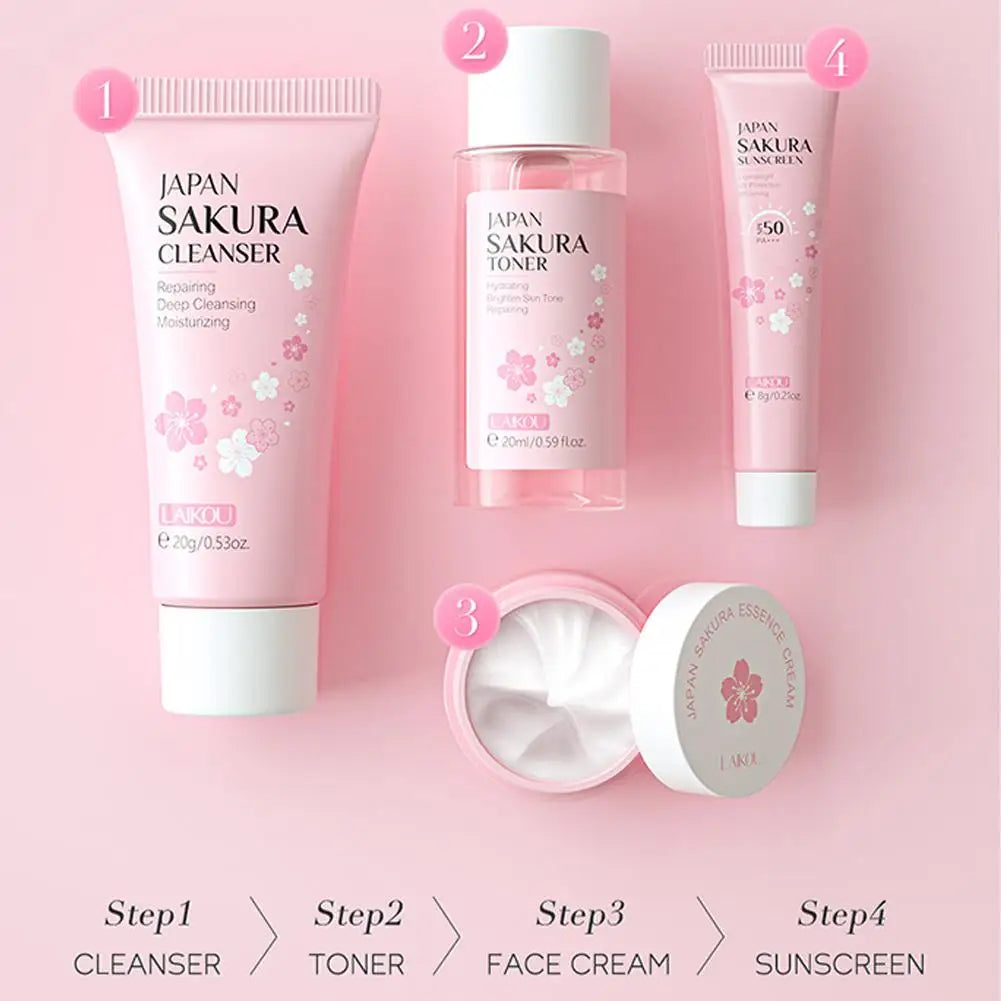 4pcs/Bag Sakura Skin Care Sets Facial Cleanser Face Face Toner Sunscreen Moisturizing Smoothing Nourishing Skincare Product.2026 KIT DE LIMPIEZA FACIAL Y PROTECTOR SOLAR