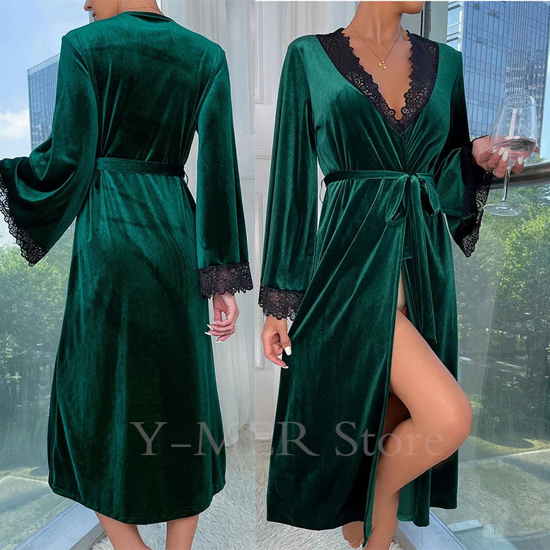 Sexy Lace Up Velour Long Robe Nightwear Women's Sleepwear Burgundy Kimono Bathrobe Gown Intimate Lingerie Autumn New Homewear 2026