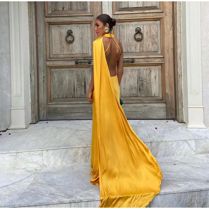 Elegant Ribbon Halter Dress Women Solid Off Shoulder Sleeveless Backless Slim Maxi Dresses 2025 Summer Autumn Party Robes Lady 2026 Vestido Elegante Para Ocasión Especial