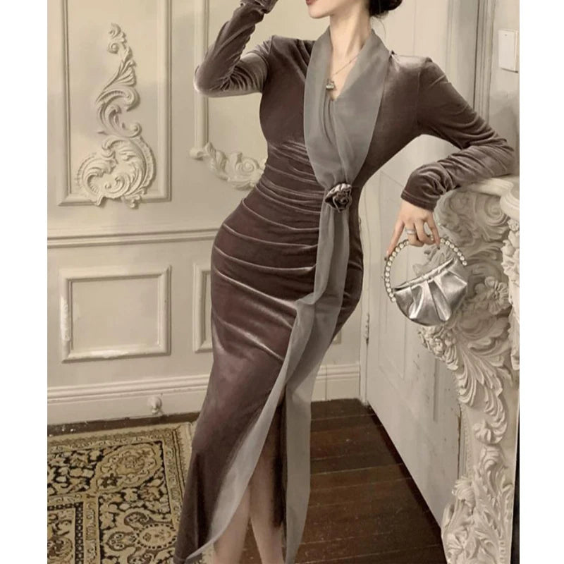 Women Vintage Velvet 3D Flower Ruched Sexy Split Elegant Party Dresses Y2K Winter V Neck Long Sleeve Bodycon Midi Dress Vestidos 2026