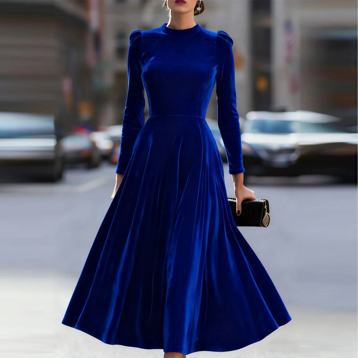 Modern European Elegance Women's Comfortable Velvet Dress Spring Autumn Solid Color Round Neck Long Long Dresses Elegant Women's Dress, vestido