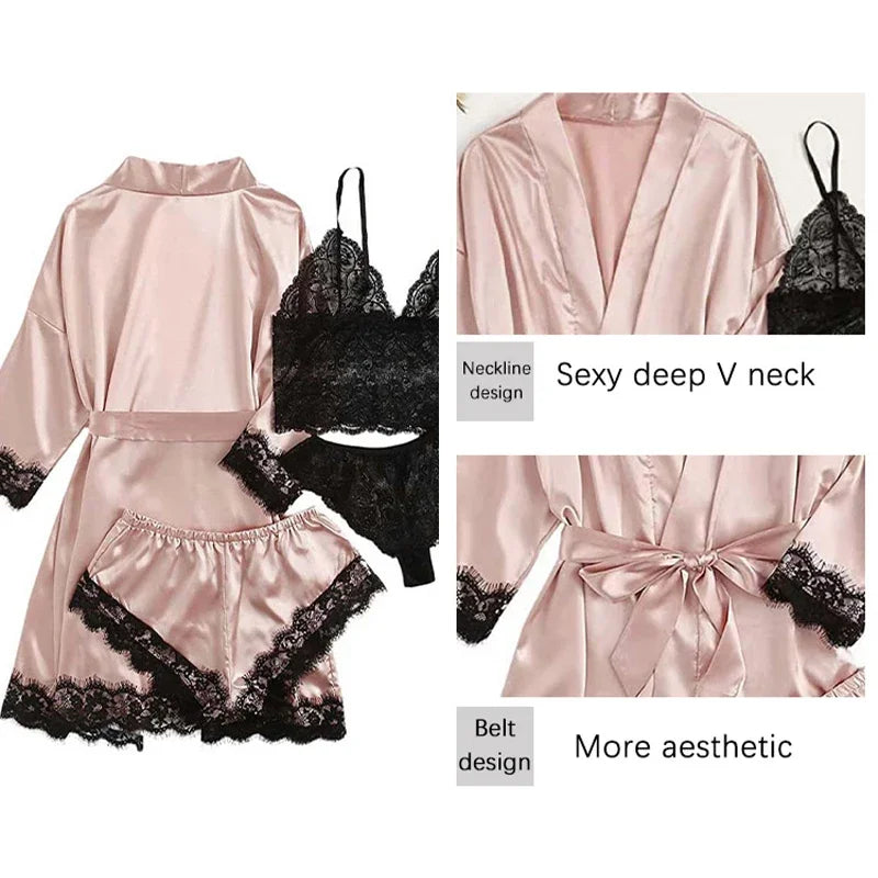 4 Pieces Woman Sleepwear Pajamas Ser With Robe Sexy Lace Lingerie Bathrobe Silk Satin Home Clothed Nightwear Robe. 2026