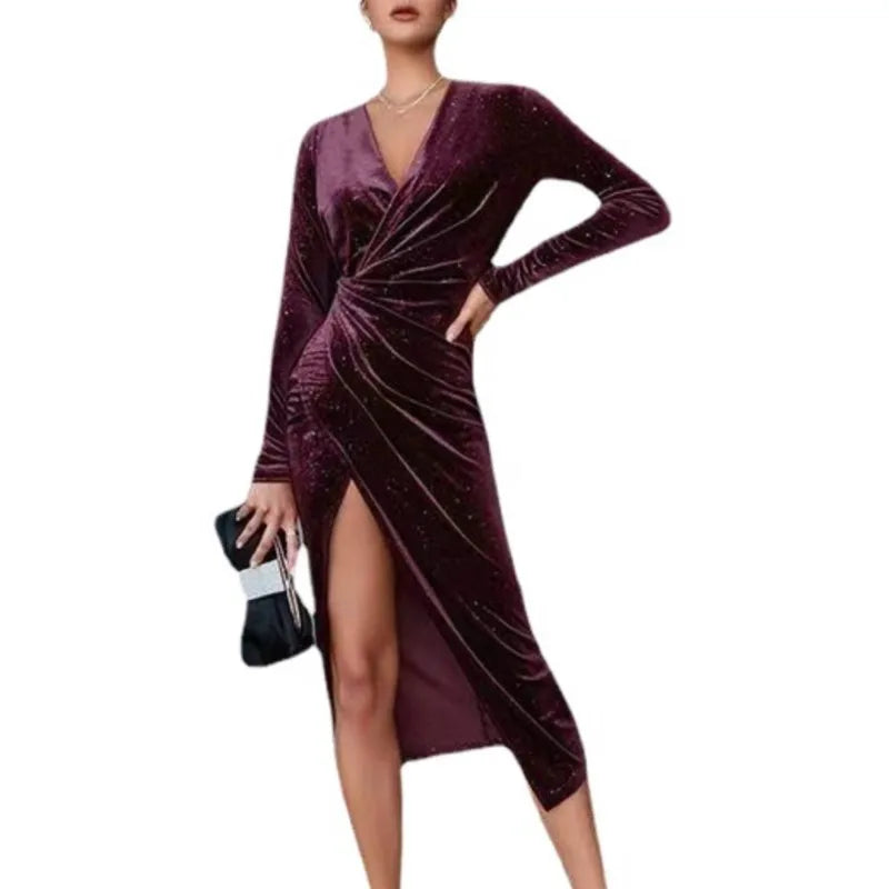 Temperament Prom Dress Vestidos Dresses 2025 Woman Vestido Femininos Elegant Sexy Banquet V-neck Slim Long Sleeves Solid Color 2026