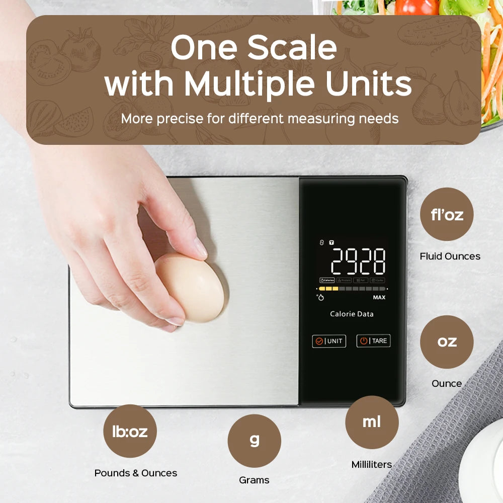 5kg Kitchen Food Scale, Smart Food Calorie Scale Kitchen Cooking Baking Scales, Stainless Steel Nutrition Scale with Free App. Pesa para Medir Calorias y Mejorar la Alimentacion