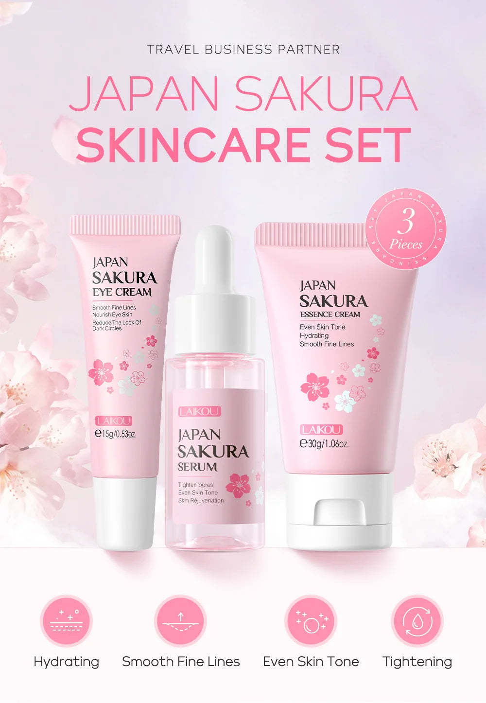 3pcs/set LAIKOU Vitamin C 24K Golden Sakura Skin Care Sets Face Cream Serum Eye Cream Moisturizing Anti Wrinkles Face Care Kit.2026 SKIN CARE REJUVENECEDOR, HUMECTANTE FACIAL