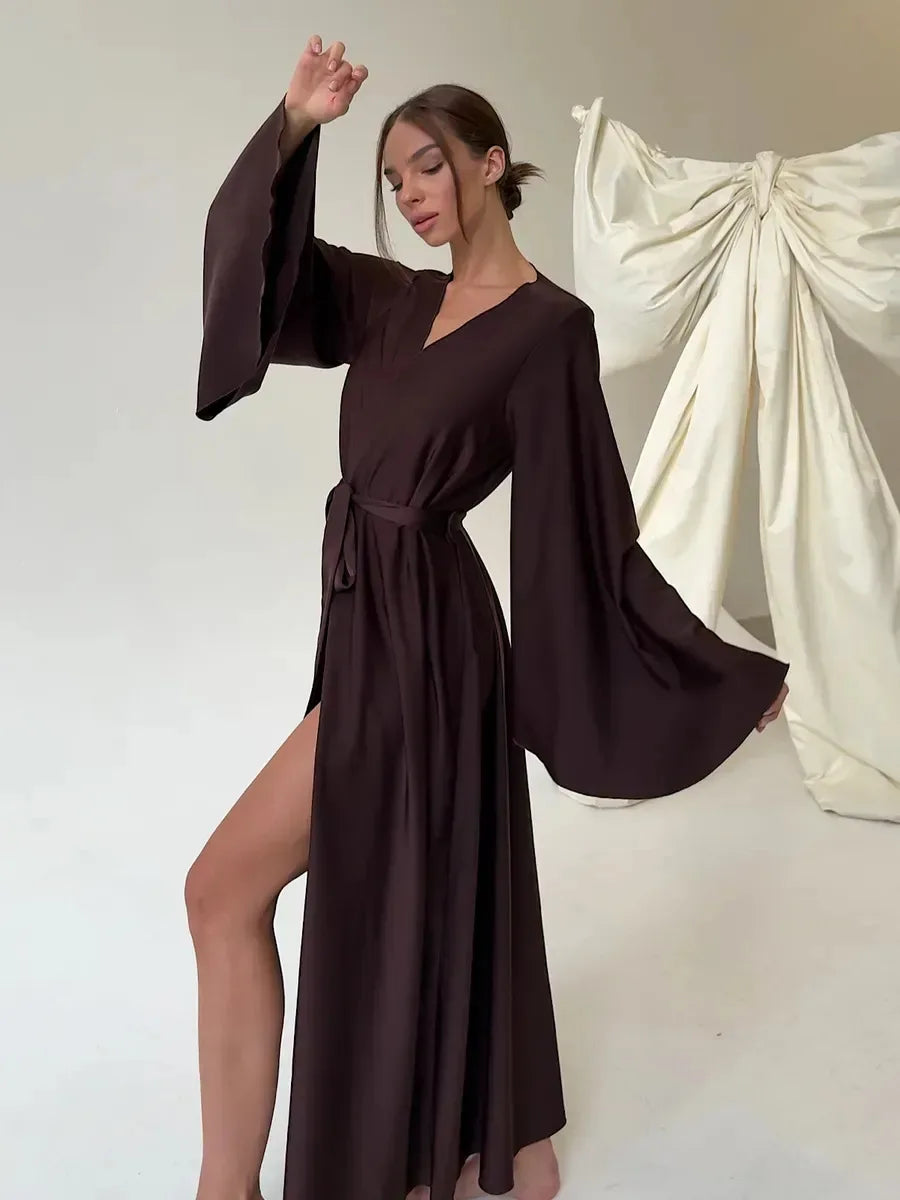 Women's Dress New Spring Summer Satin Loose Robe Sexy High Waisted Split Party Dresses Casual Multi-Color Lace Up Dress Vestidos 2026 High Elegance