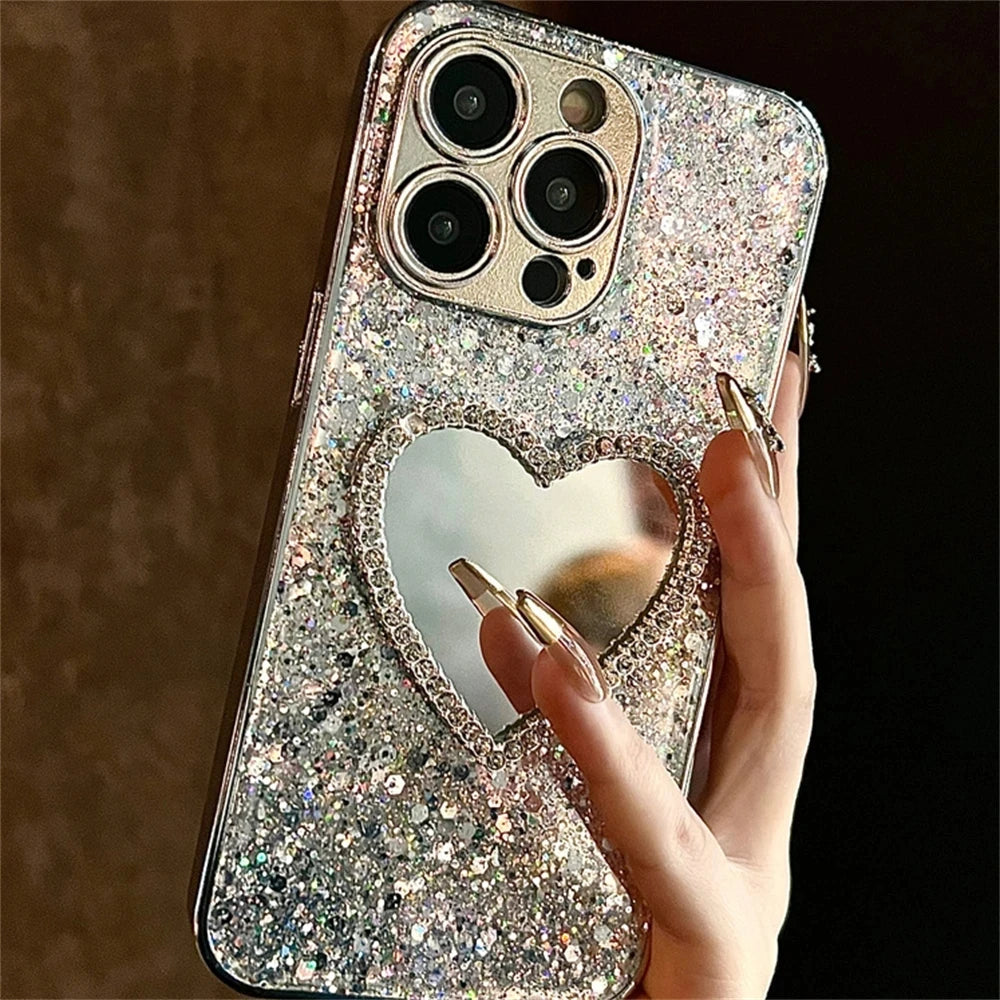Luxury Bling Glitter Plating 3D Love Heart Mirror Sequins Case For iPhone 17 Air 16 14 15 13 12 11 Pro Max Lens Protection Cover 2026 Modern