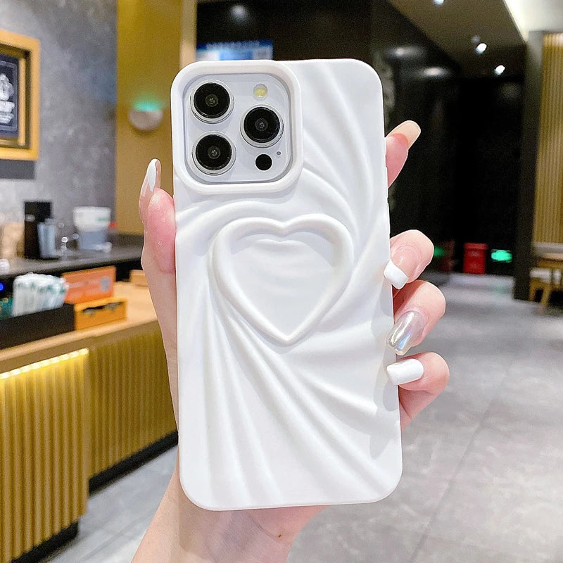 Fashion Fold Wrinkle 3D Love Heart Phone Case For iPhone 13 14 15 Pro Max 16 Plus 11 12 17 ProMax Soft Matte Silicone Full Cover 2026 Modern and Exclusive