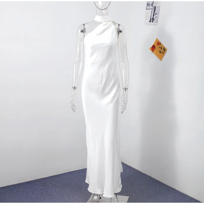 Elegant Ribbon Halter Dress Women Solid Off Shoulder Sleeveless Backless Slim Maxi Dresses 2025 Summer Autumn Party Robes Lady 2026 Vestido Elegante Para Ocasión Especial