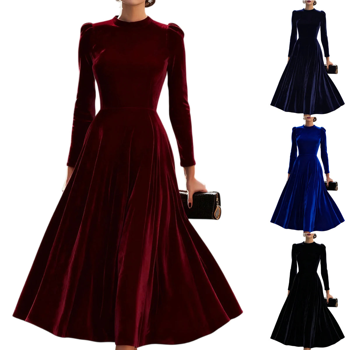 Modern European Elegance Women's Comfortable Velvet Dress Spring Autumn Solid Color Round Neck Long Long Dresses Elegant Women's Dress, vestido