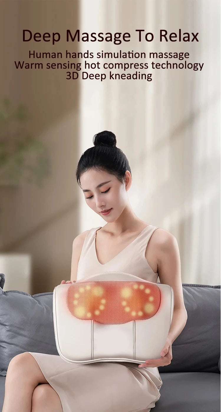 Almohada Masajeadora para Cuello, Cintura, Espalda y Hombros — Masaje con Dedo, Multifunción con Compresión Caliente para Relajar la Cintura