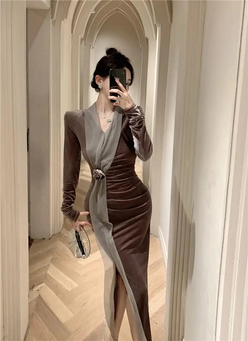Women Vintage Velvet 3D Flower Ruched Sexy Split Elegant Party Dresses Y2K Winter V Neck Long Sleeve Bodycon Midi Dress Vestidos 2026