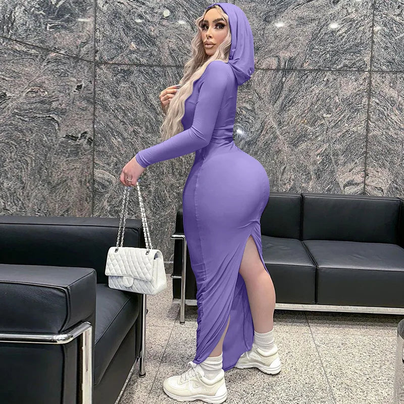 Hooded Long Dress For Women Y2k Clothes Sexy Streetwear Long Sleeve Bodycon Vestidos De Mujer Solid Robe Femme Été Back Split Diva 2026