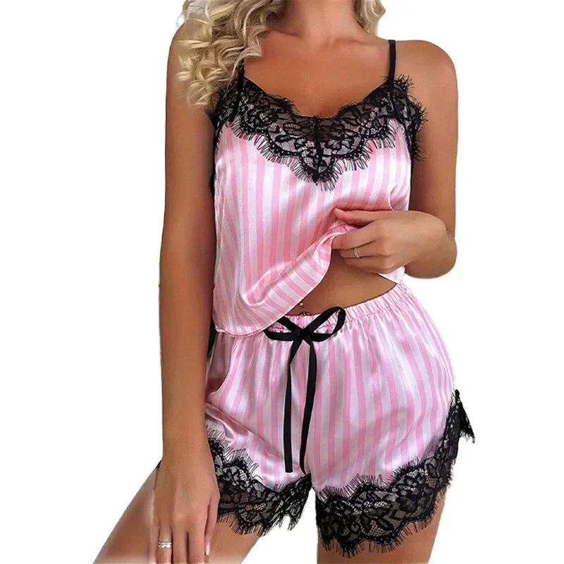 Two Piece Summer Ice Silk Women's V-Neck Sexy Lace Suspender Pajama Shorts Set Casual Women's Sleeveless Sexy  Homewear