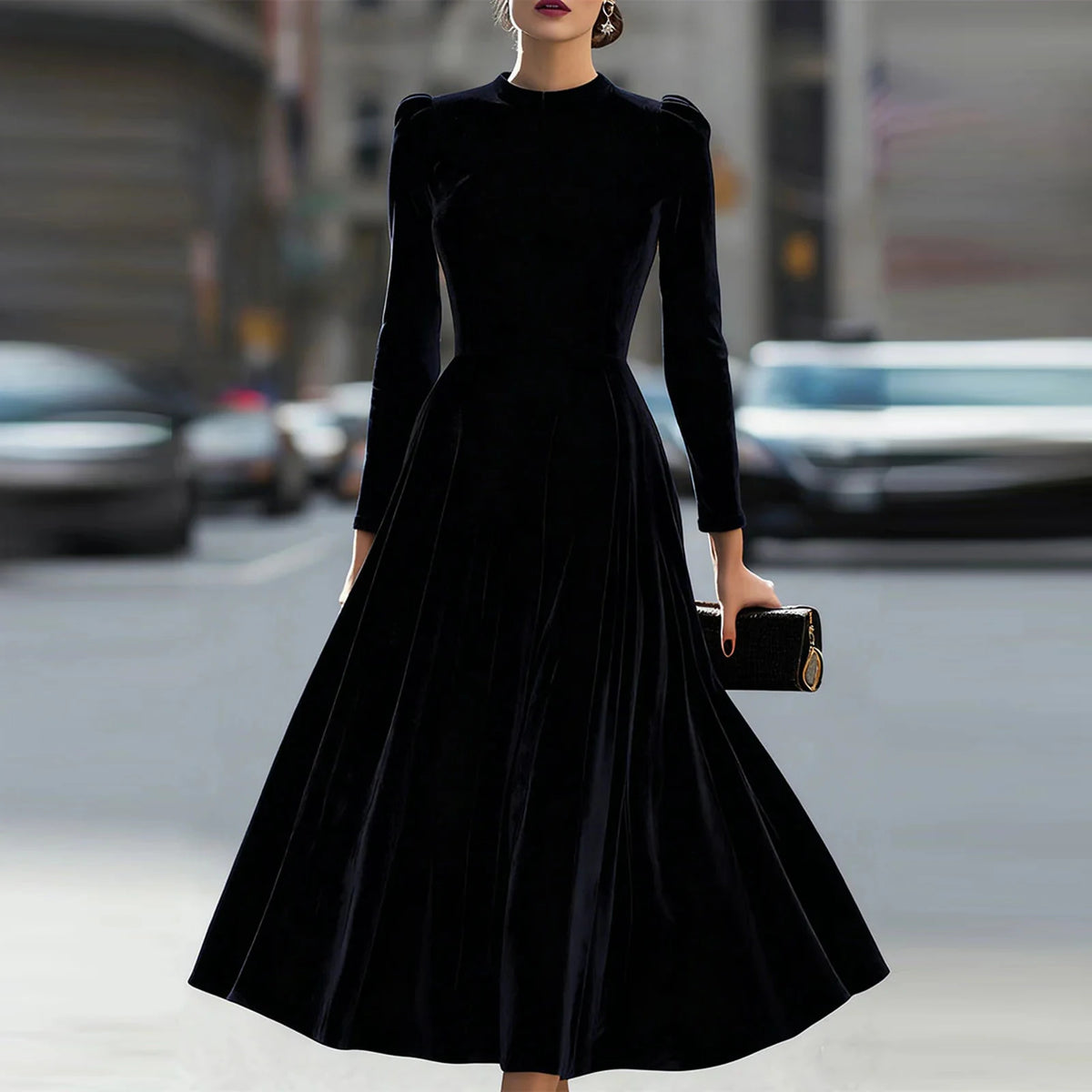 Modern European Elegance Women's Comfortable Velvet Dress Spring Autumn Solid Color Round Neck Long Long Dresses Elegant Women's Dress, vestido