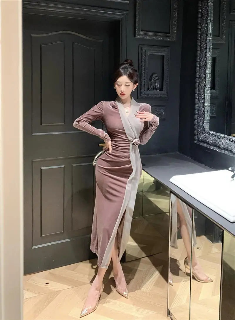 Women Vintage Velvet 3D Flower Ruched Sexy Split Elegant Party Dresses Y2K Winter V Neck Long Sleeve Bodycon Midi Dress Vestidos 2026