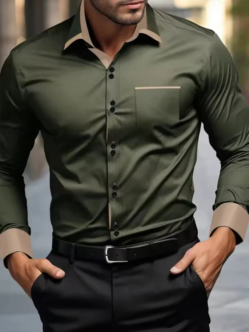 Fashionable men's shirts, men's business casual long sleeved shirts, English style double button shirts, thin collared vacation. Camisa Extra Elastizada. 2026. Elegantes y Casual