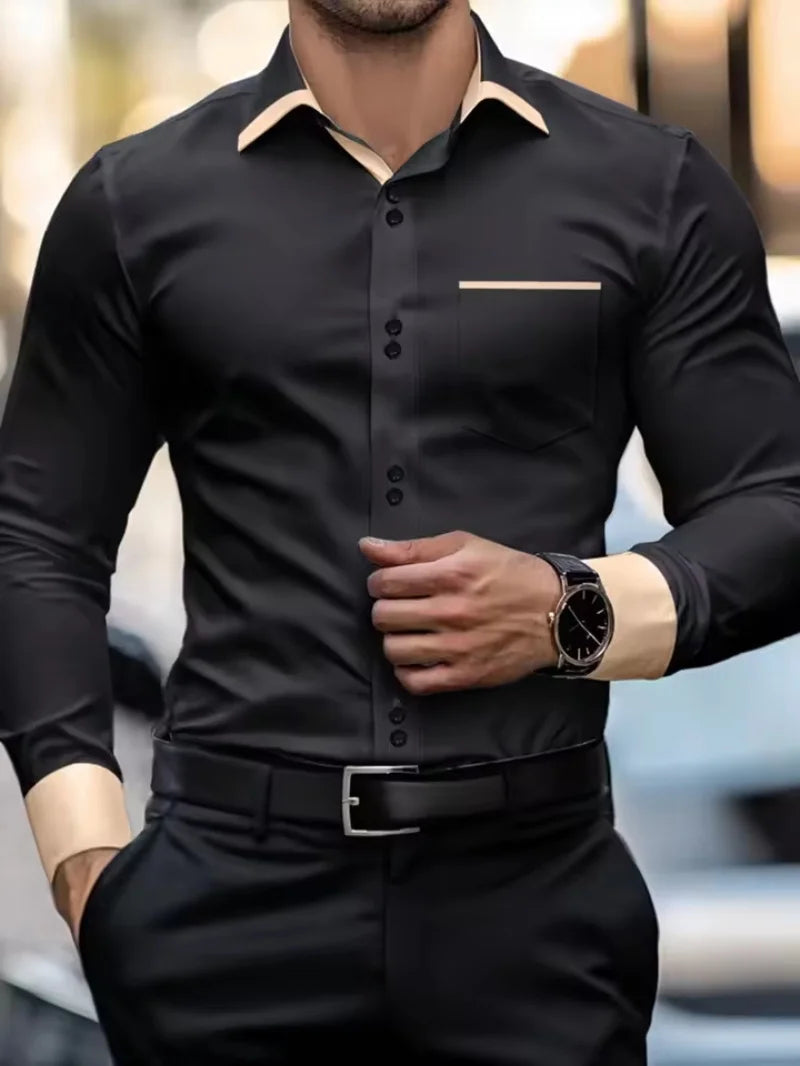 Fashionable men's shirts, men's business casual long sleeved shirts, English style double button shirts, thin collared vacation. Camisa Extra Elastizada. 2026. Elegantes y Casual