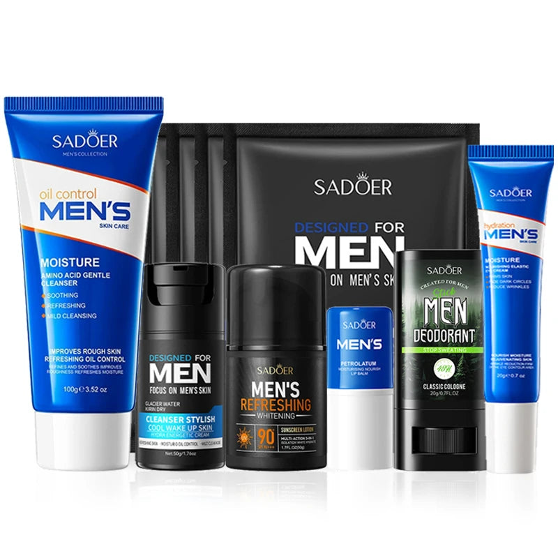 SADOER Men's Skin Care Sets Moisturizing Face Cream Facial Mask Lip Balm Sunscreen Cleanser Eye Cream Men Skin Care Kit.2026 ACLARADOR DE ROSTRO PARA HOMBRE. PROTECCION CONTRA OJERAS. CONTRA ACNES
