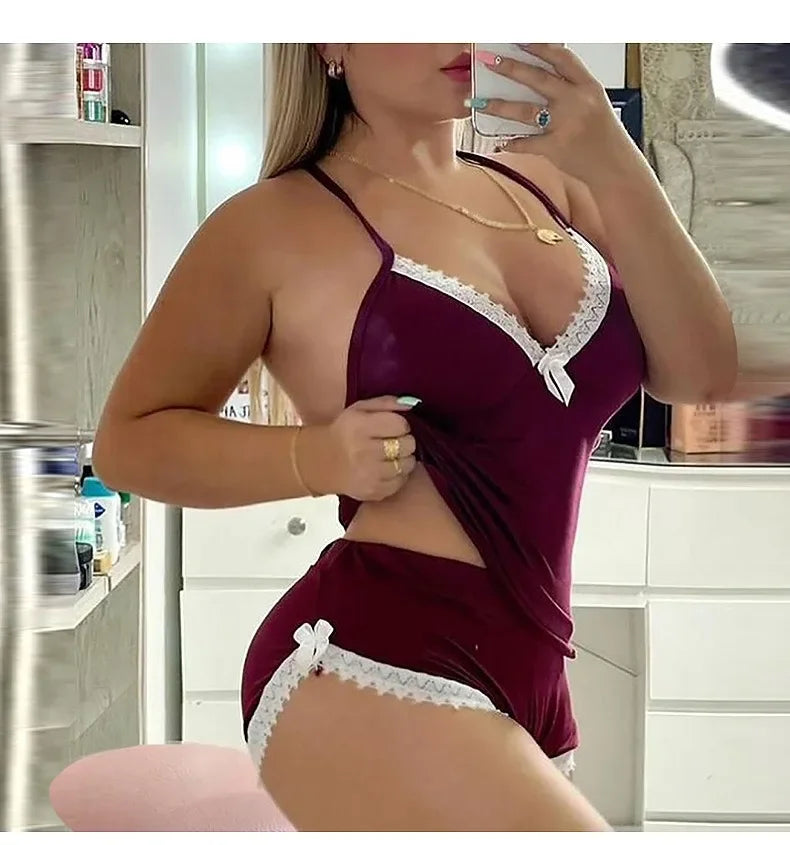 Sexy Lace Trim  Nightgown Set Large Size Home Wear Strap Sleepwear Two Piece Set Hot Sale. 2026