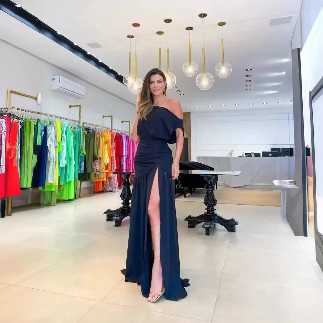 Women Straight Line Collar Dresses Short Sleeves Long Skirt Fashionable One Line Neck Split Floor Sweeping Holiday Sexy Dress 2026 Vestido Para Bodas Elegante Ocasion