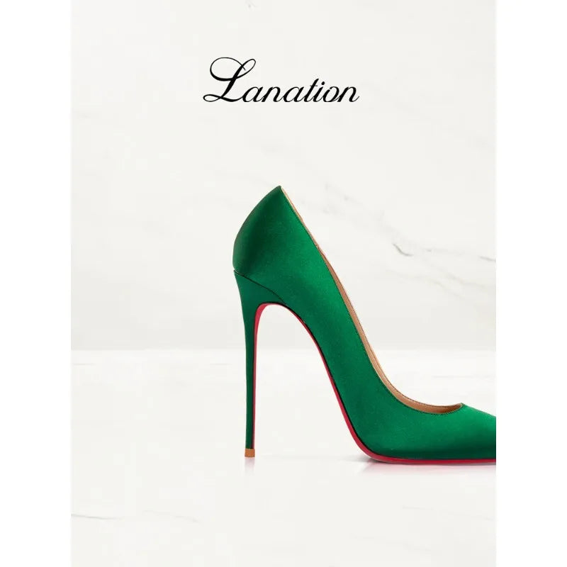 2025 Winter New High-heeled Shoes for Women, Green, Real Silk Satin, Thin Heel, Pointed Toe,Elegant,12cm,Single Shoes for Ladies 2026