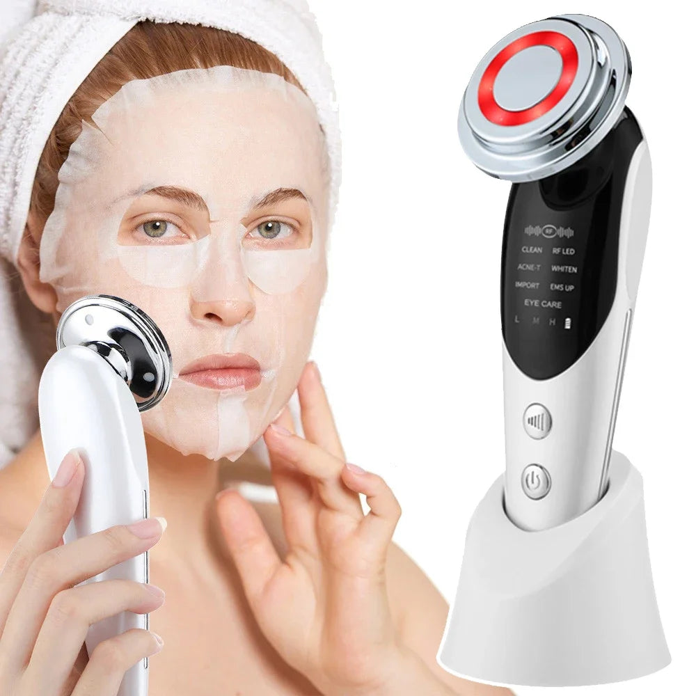 Masajeador Facial EMS 7 en 1 — Lifting Facial, Aclara la Piel, Limpieza Profunda, Infusión de Esencias, Máquina de Belleza para el Cuidado de la Piel.