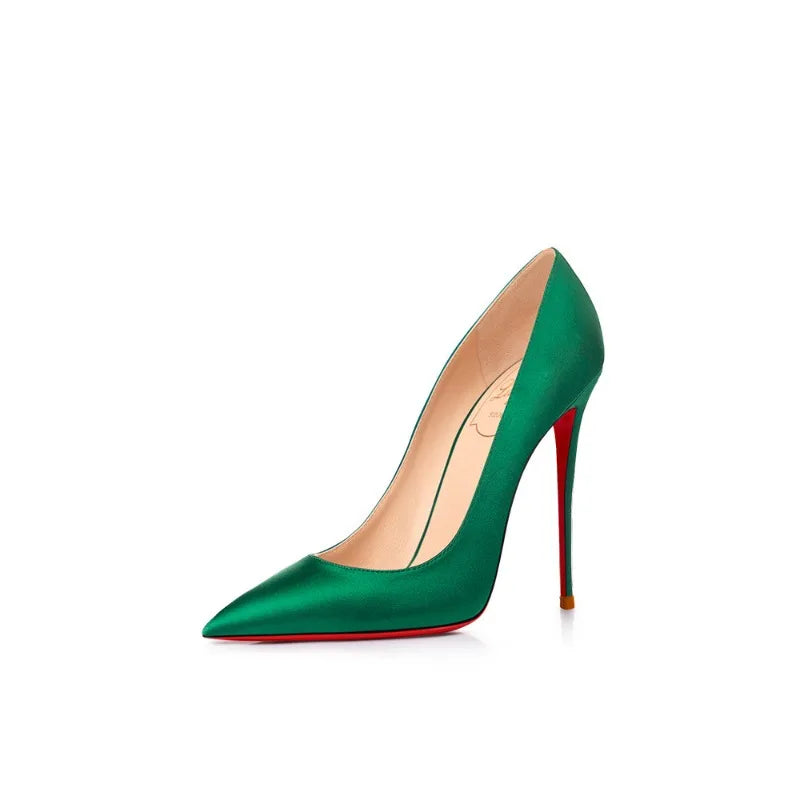 2025 Winter New High-heeled Shoes for Women, Green, Real Silk Satin, Thin Heel, Pointed Toe,Elegant,12cm,Single Shoes for Ladies 2026