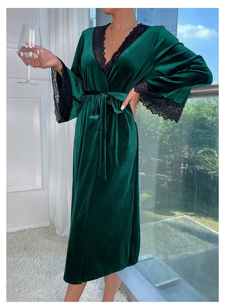 Sexy Lace Up Velour Long Robe Nightwear Women's Sleepwear Burgundy Kimono Bathrobe Gown Intimate Lingerie Autumn New Homewear 2026