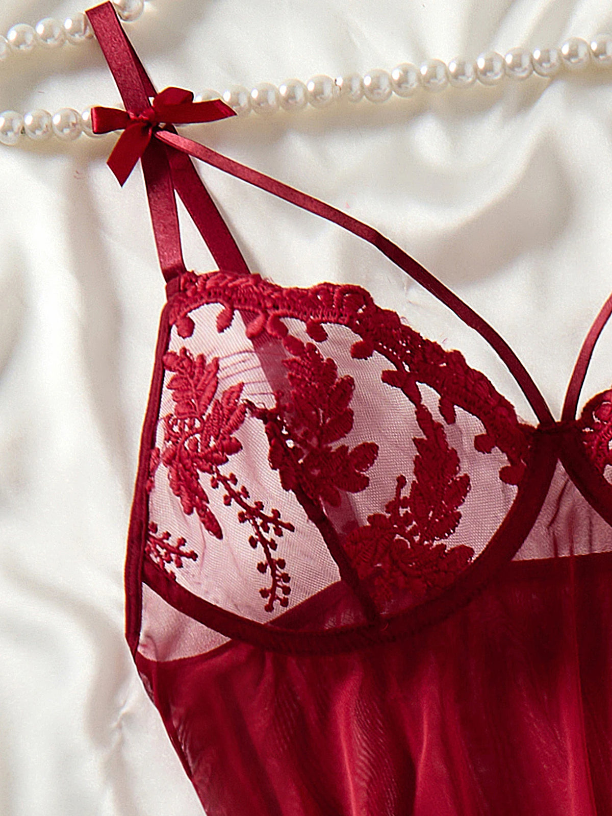 Wine Red Ladies' countryside style wheat ear embroidery semi transparent nightgown, elegant and comfortable.2026