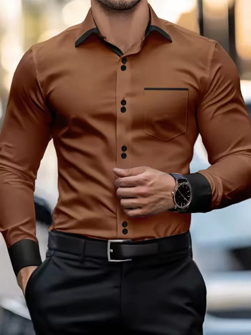 Fashionable men's shirts, men's business casual long sleeved shirts, English style double button shirts, thin collared vacation. Camisa Extra Elastizada. 2026. Elegantes y Casual