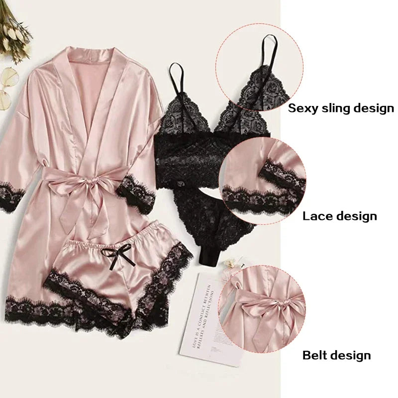 4 Pieces Woman Sleepwear Pajamas Ser With Robe Sexy Lace Lingerie Bathrobe Silk Satin Home Clothed Nightwear Robe. 2026