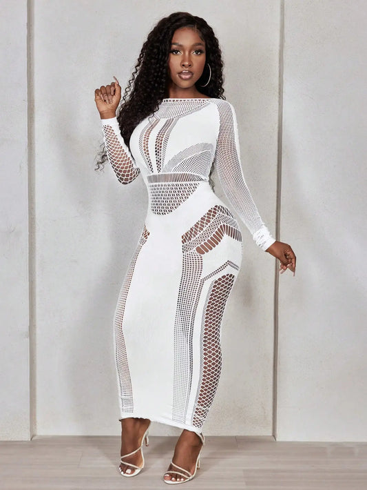 BamGleam Women's Long Sleeve Bodycon Hollow Out Mesh Dress Fall Cloth For Women 2026 Vestido Sexy Elegante y Casual