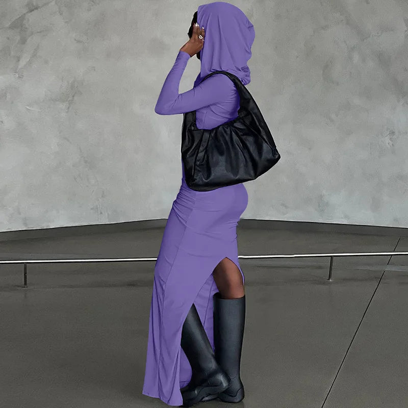 Hooded Long Dress For Women Y2k Clothes Sexy Streetwear Long Sleeve Bodycon Vestidos De Mujer Solid Robe Femme Été Back Split Diva 2026