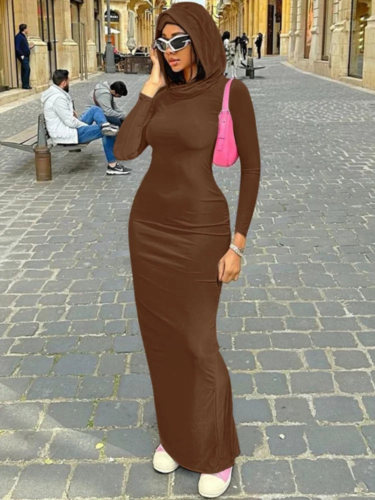 Hooded Long Dress For Women Y2k Clothes Sexy Streetwear Long Sleeve Bodycon Vestidos De Mujer Solid Robe Femme Été Back Split Diva 2026