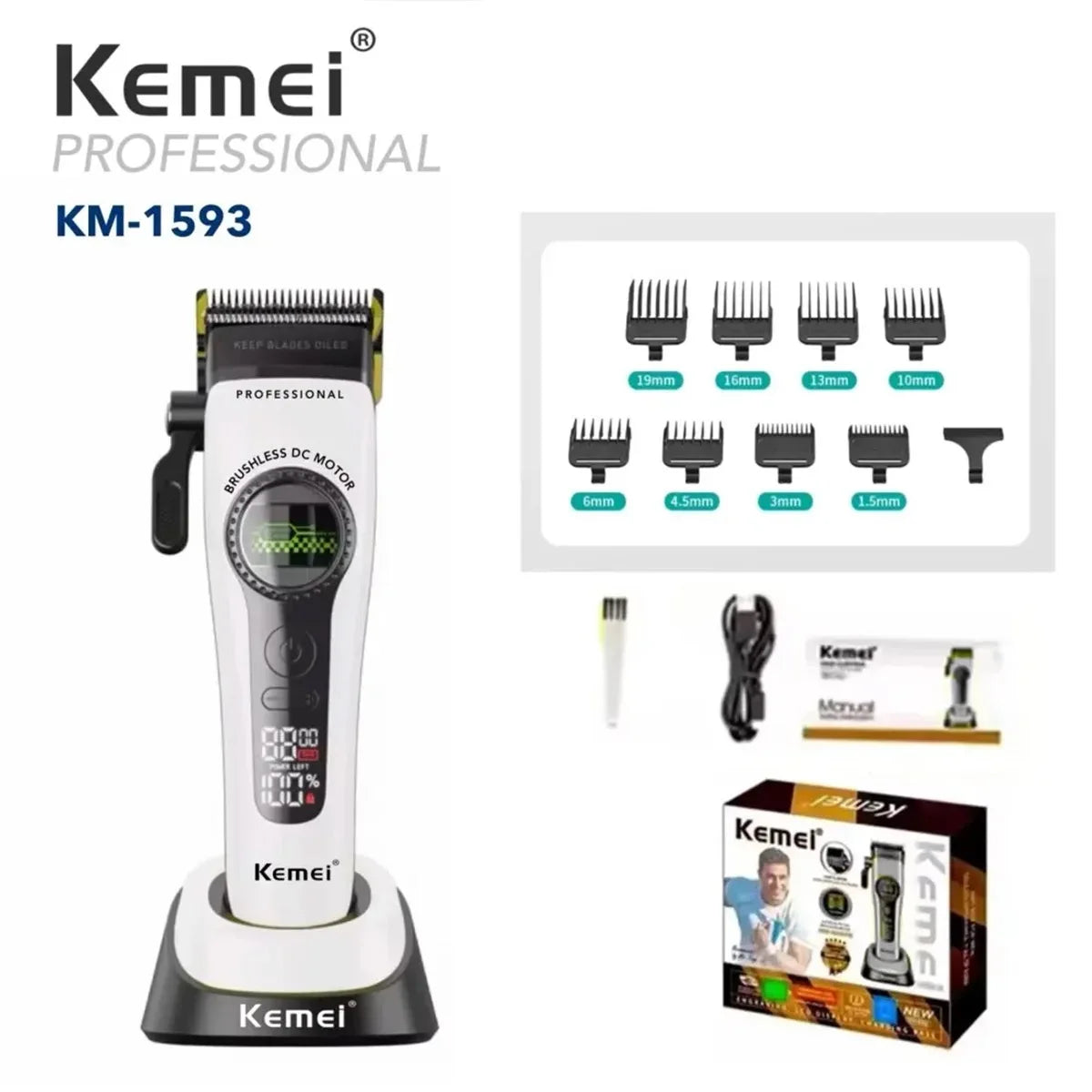 Kemei 1593 1595 Hair Trimmers Professional Barber Hair Clippers F1 -Super Engine External Brushless Motor Hair Cutting Machine 2026
