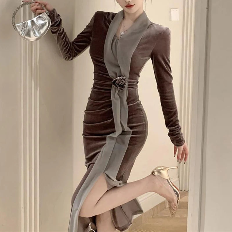 Women Vintage Velvet 3D Flower Ruched Sexy Split Elegant Party Dresses Y2K Winter V Neck Long Sleeve Bodycon Midi Dress Vestidos 2026