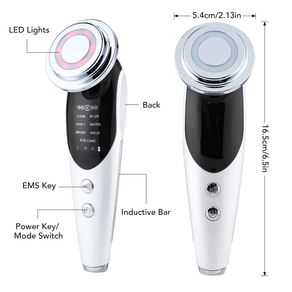 Masajeador Facial EMS 7 en 1 — Lifting Facial, Aclara la Piel, Limpieza Profunda, Infusión de Esencias, Máquina de Belleza para el Cuidado de la Piel.