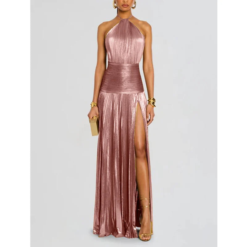 Luxurious Women Corset Party Cocktail Dress Sexy Off Shoulder Halter Folds Slit Guest Celebrity Long Dress Celebrity Prom Gown 2026 GOLD FASHION. VESTIDO PARA OCASION ELEGANTE