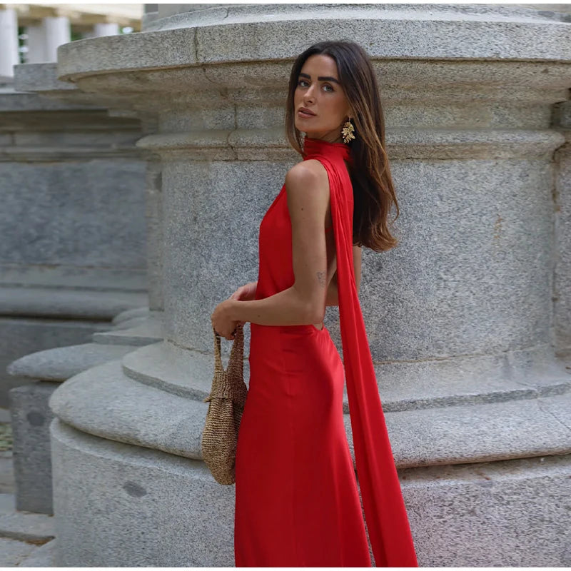 Elegant Ribbon Halter Dress Women Solid Off Shoulder Sleeveless Backless Slim Maxi Dresses 2025 Summer Autumn Party Robes Lady 2026 Vestido Elegante Para Ocasión Especial