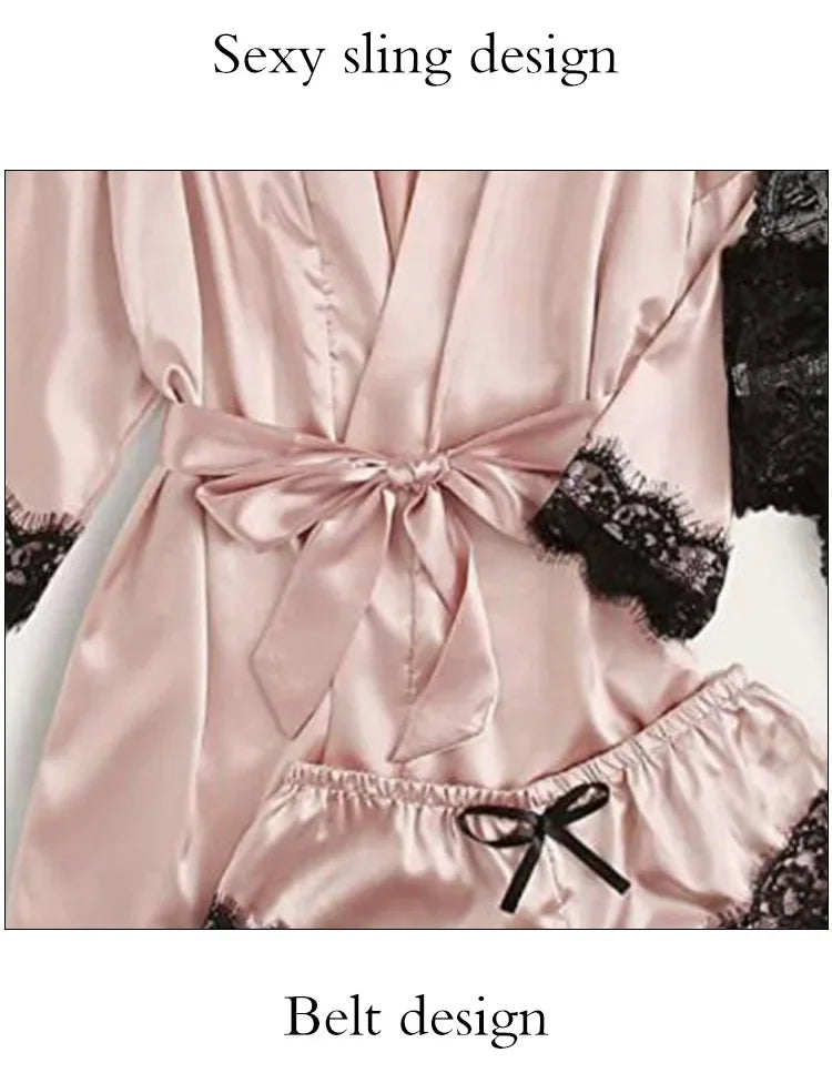 4 Pieces Woman Sleepwear Pajamas Ser With Robe Sexy Lace Lingerie Bathrobe Silk Satin Home Clothed Nightwear Robe. 2026