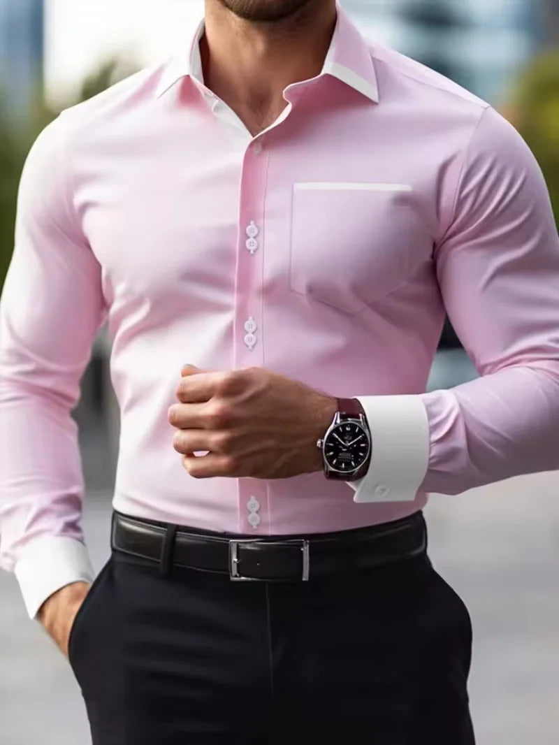 Fashionable men's shirts, men's business casual long sleeved shirts, English style double button shirts, thin collared vacation. Camisa Extra Elastizada. 2026. Elegantes y Casual