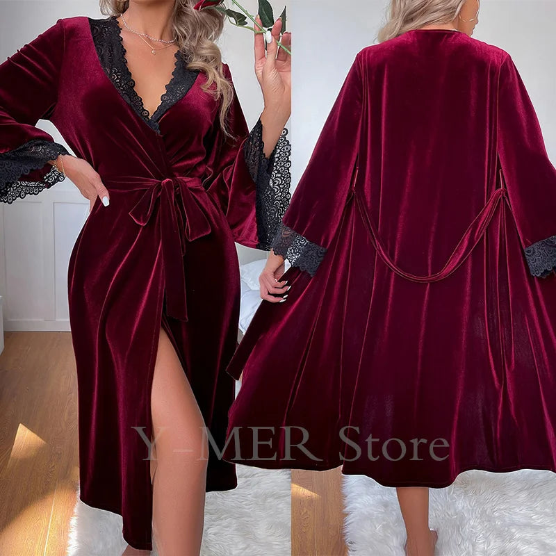 Sexy Lace Up Velour Long Robe Nightwear Women's Sleepwear Burgundy Kimono Bathrobe Gown Intimate Lingerie Autumn New Homewear 2026