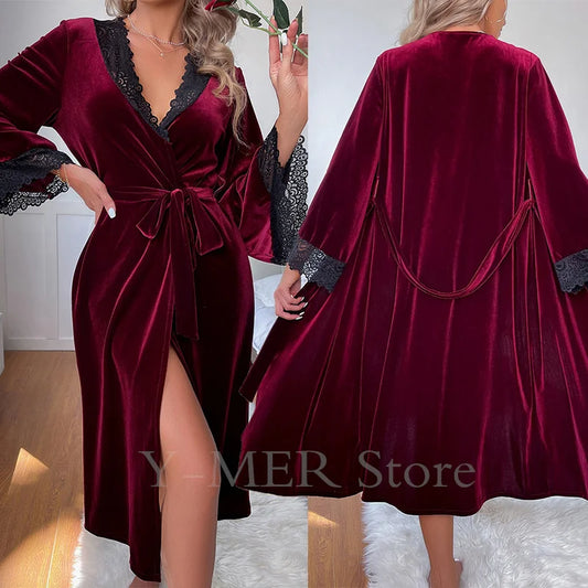 Sexy Lace Up Velour Long Robe Nightwear Women's Sleepwear Burgundy Kimono Bathrobe Gown Intimate Lingerie Autumn New Homewear 2026